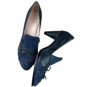 Plenty Tracy Reese Gilda Sz 41 EUR 10.5 US Blue Suede Black Leather Heels Fringe